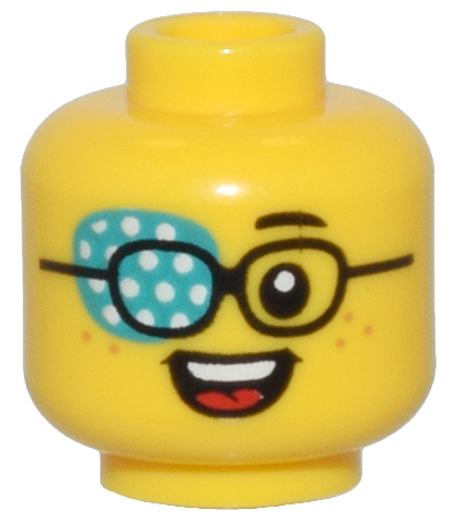 Minifigure, Head Child Black Eyebrow and Glasses, Dark Turquoise Eye Patch with White Dots, Nougat Freckles, Open Mouth Smile with Teeth and Red Tongue Pattern