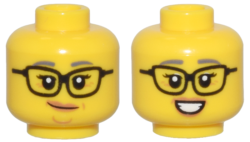 Minifigure, Head Dual Sided Female Black Glasses, Dark Bluish Gray Eyebrows, Medium Nougat Lips and Wrinkles, Smirk / Smile Pattern