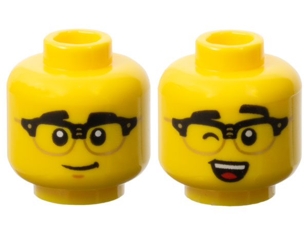 Minifigure, Head Dual Sided Black Eyebrows and Gold Horn Rimmed Glasses, Grin / Wink with Open Mouth, White Teeth and Red Tongue Pattern