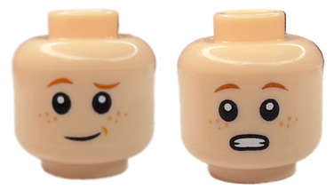 Minifigure, Head Dual Sided Child Dark Orange Eyebrows, Nougat Freckles, Grin with Medium Nougat Dimple / Surprised Open Mouth with Teeth Pattern