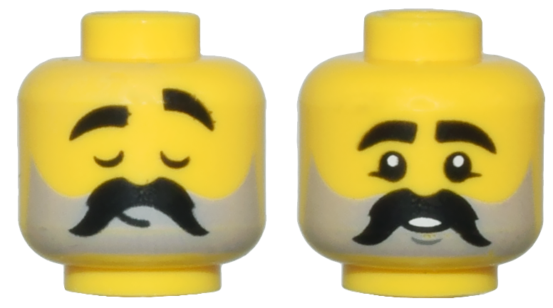 Minifigure, Head Dual Sided Thick Black Eyebrows and Moustache, Light Bluish Gray Beard Stubble, Closed Eyes and Eyebrow Raised / Small Smile Pattern