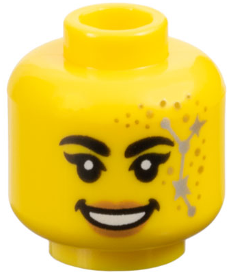 Minifigure, Head Female Black Thick Eyebrows and Single Eyelashes, Nougat Lips, Gold Dots, Silver Stars Constellation, Open Mouth Smile with Teeth Pattern