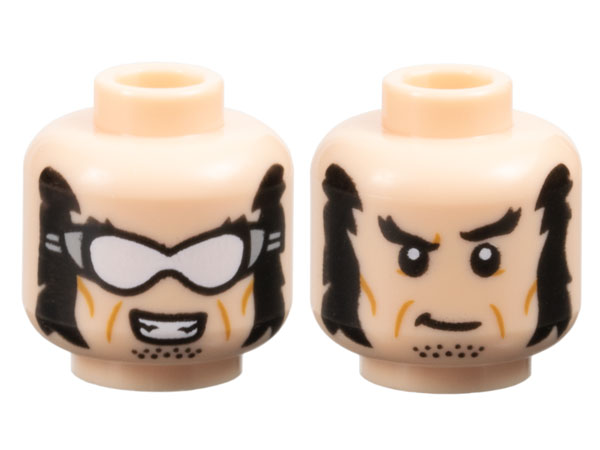 Minifigure, Head Dual Sided Black Bushy Eyebrows, Mutton Chops, and Stubble, Medium Nougat Cheek Lines, Bared Teeth Smile and White Goggles / Grin Pattern