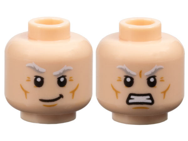 Minifigure, Head Dual Sided White and Light Bluish Gray Bushy Eyebrows, Medium Nougat Cheek Lines, Chin Dimple, and Wrinkles, Smirk / Angry Bared Teeth Pattern