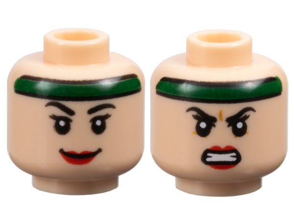 Minifigure, Head Dual Sided Female Black Eyebrows, Eyelashes, Red Lips, Dark Green Headband, Grin / Angry Bared Teeth Pattern