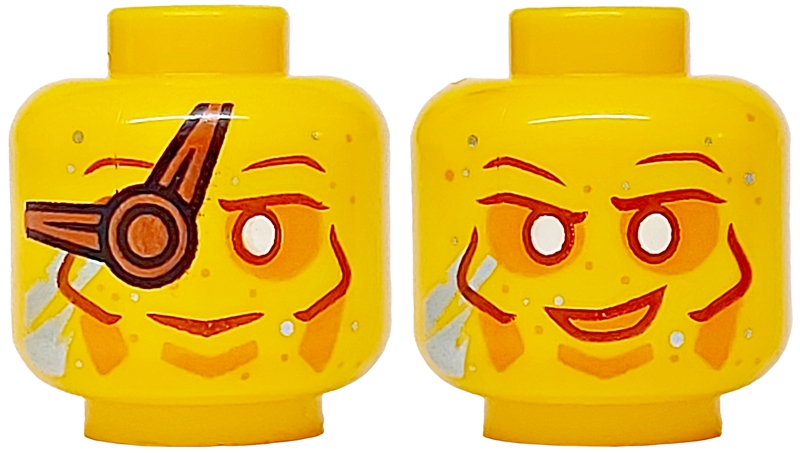 Minifigure, Head Dual Sided Reddish Brown Eyebrows, Eye Patch and Cheek Lines, Orange Around Eyes, Metallic Light Blue Streaks, Smile / Grin Pattern