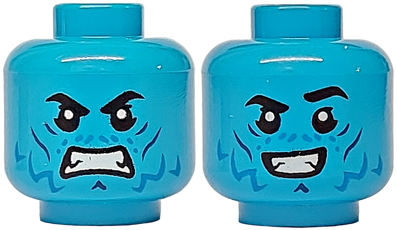 Minifigure, Head Dual Sided Black Eyebrows, Blue and Dark Blue Cheek Lines and Wrinkles, Grimace / Open Mouth Smile Pattern