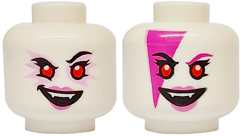 Minifigure, Head Dual Sided Alien Female Black Eyebrows, Bright Pink Eye Shadow, Dark Pink Lips, Open Mouth Smile with Fangs / Magenta Face Paint Triangle and Eyebrow Pattern