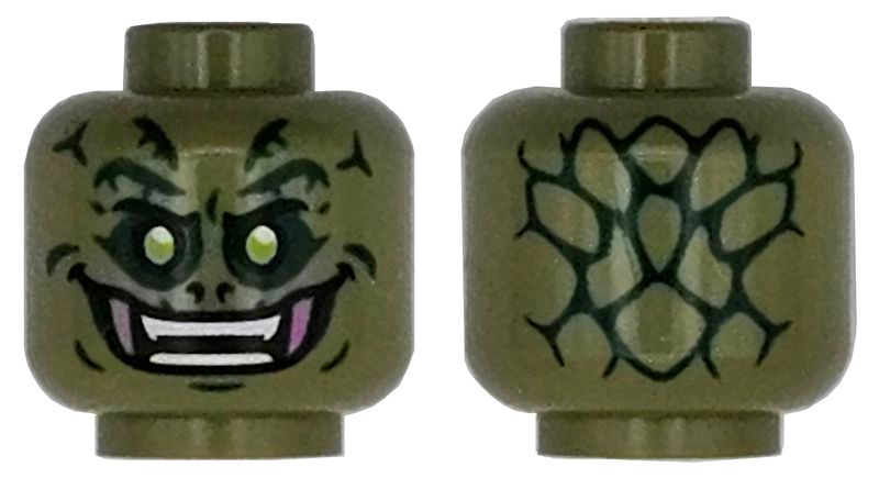 Minifigure, Head Alien with Lizard Dark Green Scales, Lime Eyes, Dark Pink Fangs, Black Eyebrows and Mouth, Open Smile with White Bared Teeth Pattern