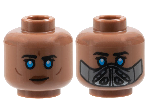Minifigure, Head Dual Sided Female Black Eyebrows and Eyelashes, Dark Azure Eyes, Neutral with Reddish Brown Lips and Cheek Lines / Dark Bluish Gray and Dark Silver Mask Pattern