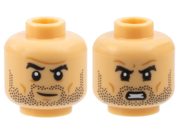 Minifigure, Head Dual Sided Black Thick Eyebrows and Beard Stubble, Medium Nougat Cheek Lines and Wrinkles, Sly Grin / Angry Bared Teeth Pattern