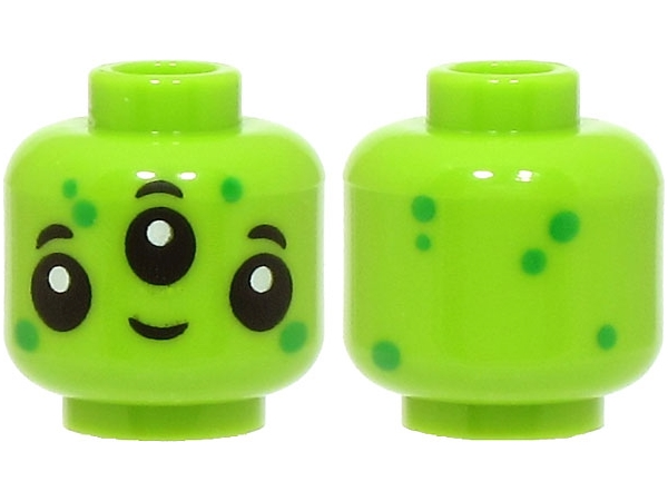 Minifigure, Head Alien with 3 Black Eyes and Eyebrows, Bright Green Dots, Grin Pattern