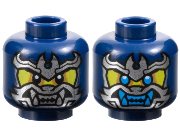 Minifigure, Head Dual Sided Yellow Face, Silver Samurai Mask, Black Eyes / Dark Azure Eyes and Teeth Pattern