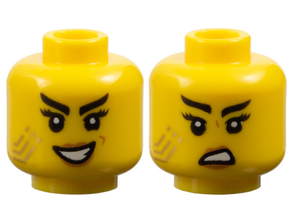 Minifigure, Head Dual Sided Female Black Eyebrows, Long Eyelashes, Medium Nougat Lips, Gold Stripes Tattoo, Evil Open Mouth Smile with Teeth / Scowl Pattern