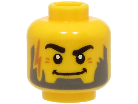 Minifigure, Head Thick Black Eyebrows, Dark Bluish Gray Beard, Medium Nougat Lightning Bolt Scar, Flat Grin Pattern
