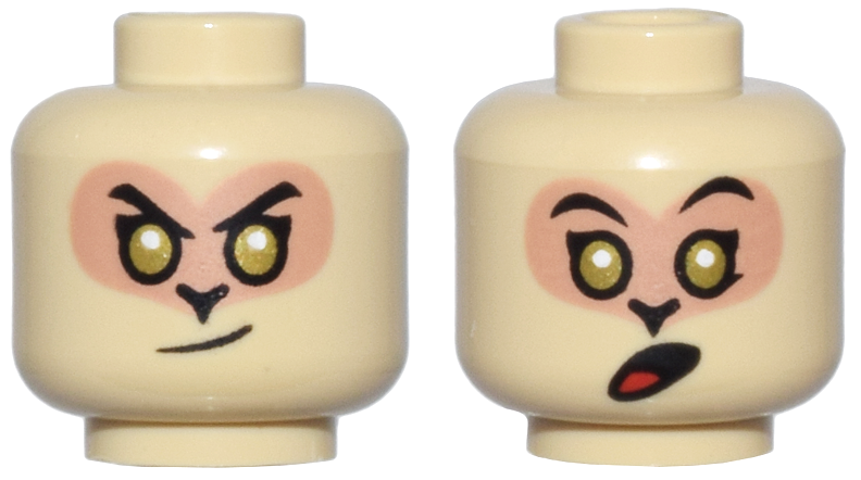 Minifigure, Head Dual Sided Alien Black Eyebrows, Gold Eyes, Nougat Face, Smirk / Surprised Open Mouth with Red Tongue Pattern