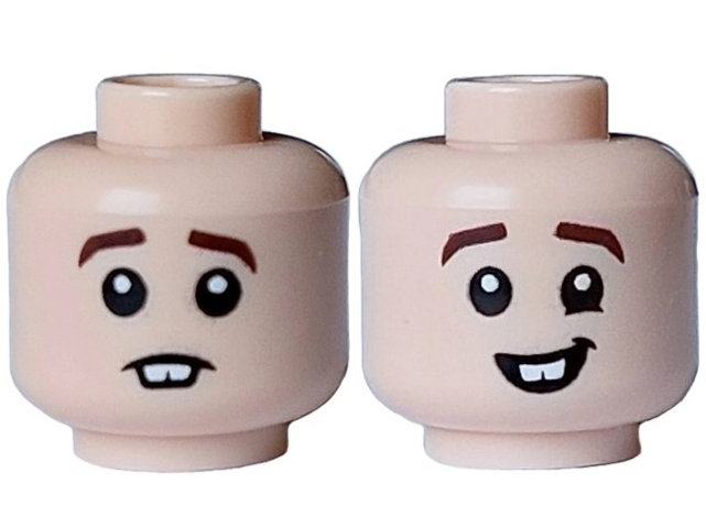 Minifigure, Head Dual Sided Dark Brown Eyebrows, Tooth Gap Neutral / Lopsided Smile Pattern