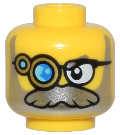 Minifigure, Head Black Glasses, Gold Monocle with Blue and Medium Azure Lens, Clear Left Lens, Silver Beard and Moustache Pattern