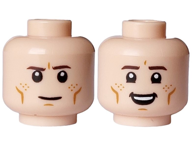 Minifigure, Head Dual Sided Dark Brown Eyebrows, Medium Nougat Cheek Lines, Chin Dimple, and Freckles, Neutral / Open Mouth Smile with Top Teeth Pattern