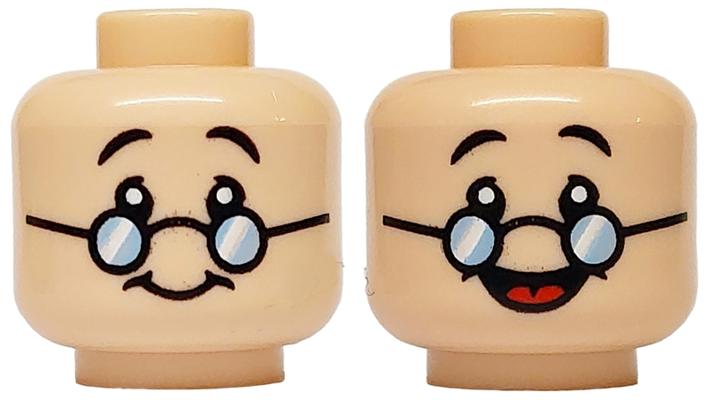 Minifigure, Head Dual Sided Black Eyebrows, Bright Light Blue Glasses, Smile / Open Mouth Smile with Red Tongue Pattern