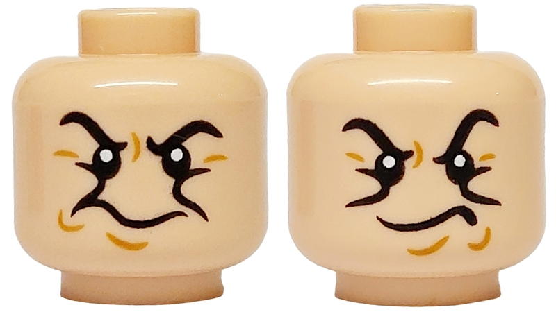 Minifigure, Head Dual Sided Black Eyebrows, Medium Nougat Wrinkles and Dimples, Angry Mouth / Scowl Pattern