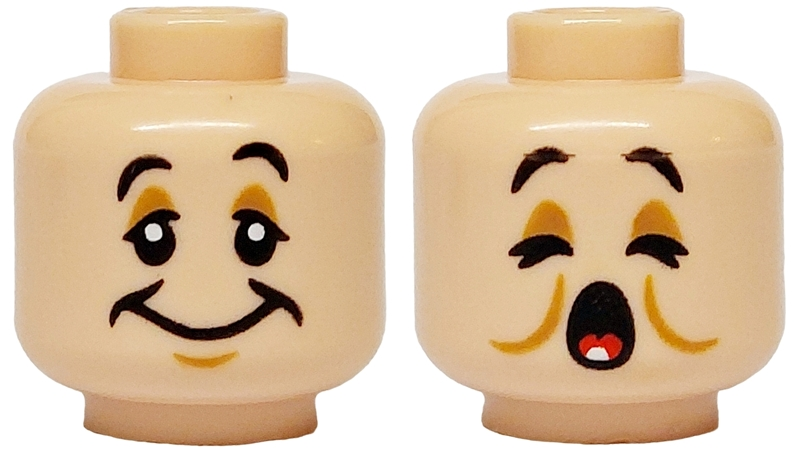 Minifigure, Head Dual Sided Black Eyebrows, Medium Nougat Eyelids and Chin Dimple, Wide Smile / Eyes Closed, Yawning, Open Mouth with Cheek Lines, White Tooth and Red Tongue Pattern