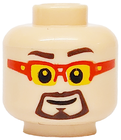 Minifigure, Head Dark Brown Eyebrows and Goatee, Black Mouth, Red Glasses with Yellow Lenses Pattern