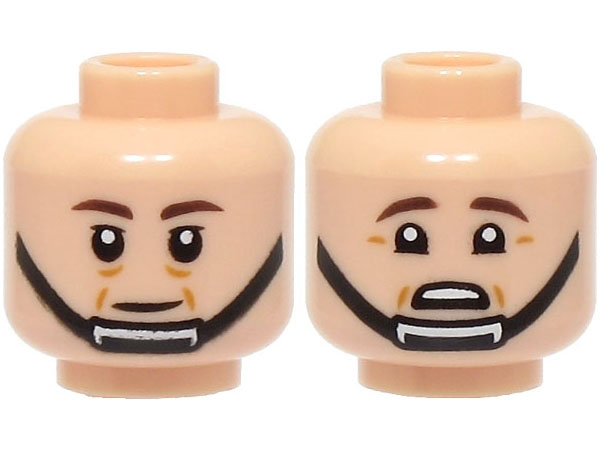 Minifigure, Head Dual Sided Dark Brown Eyebrows, Black Chin Strap, Cheek Lines, Neutral / Scared with Wrinkles Below Eyebrows Pattern