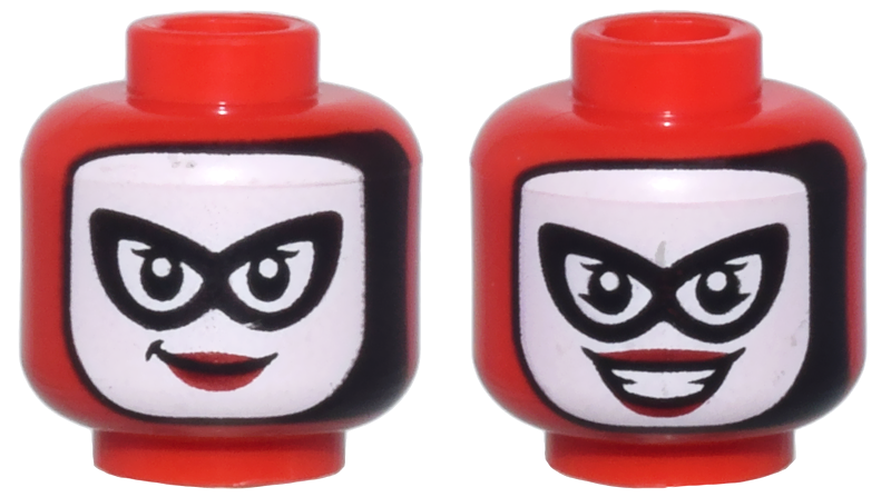 Minifigure, Head Dual Sided Female Balaclava, White Face, Black Eye Mask and Single Eyelashes, Dark Red Lips, Smirk / Open Mouth Smile with Teeth Pattern