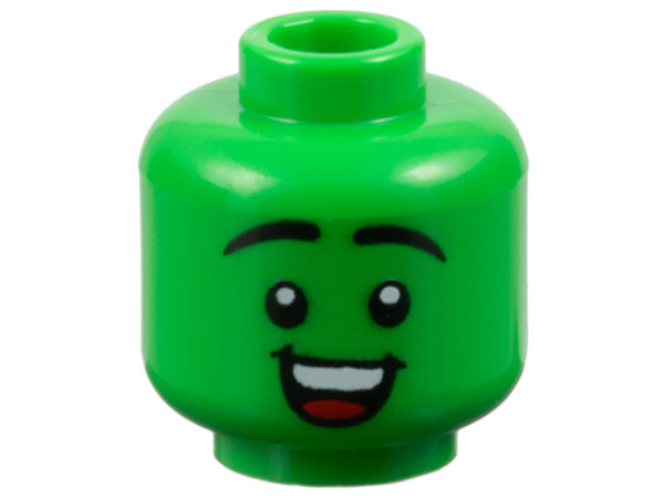 Minifigure, Head Black Eyebrows Raised, Open Mouth Smile with Top Teeth and Red Tongue Pattern