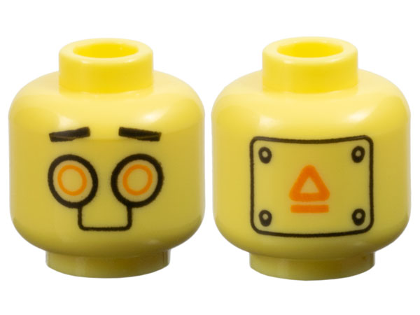 Minifigure, Head Alien Robot Black Straight Eyebrows, Orange Circle Eyes, Warning Panel on Back Pattern