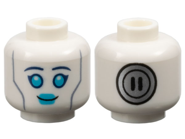 Minifigure, Head Alien Female Dark Blue Eyebrows, Medium Azure Eyes and Lips, Sand Blue Cheek Lines, Silver Circle Power Socket on Back Pattern