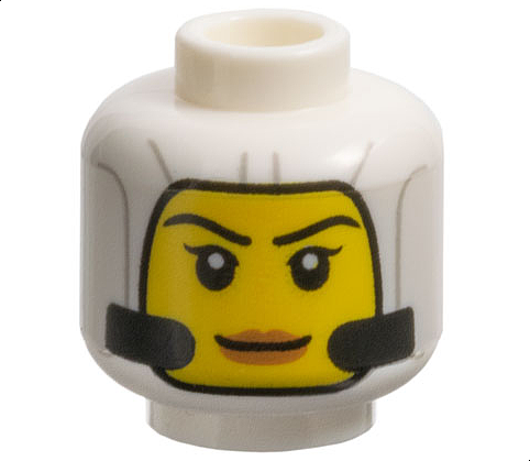 Minifigure, Head Female Balaclava with Light Bluish Gray Lines and Black Tubes, Yellow Face with Eyebrows, Single Eyelashes, and Nougat Lips, Grin Pattern