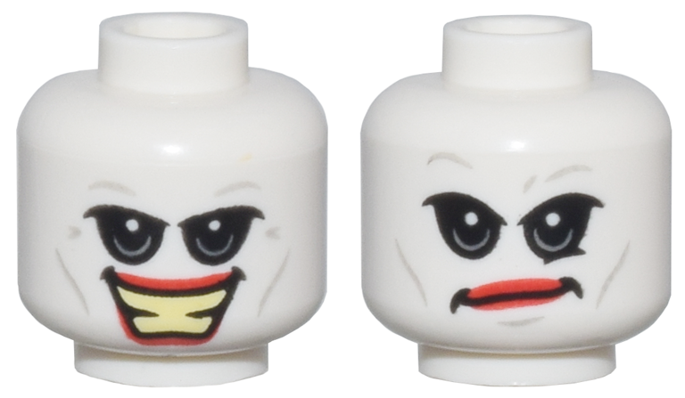 Minifigure, Head Dual Sided Black and Light Bluish Gray Eyes with Upper Eyelids, Red Lips, Open Mouth Smile with Bright Light Yellow Teeth / Smirk Pattern