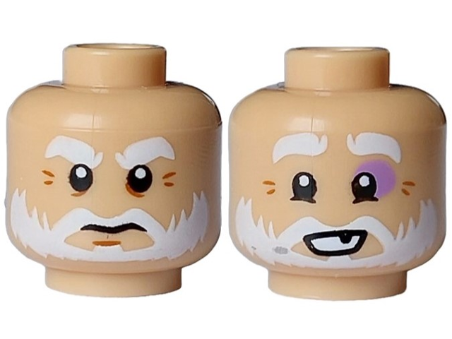 Minifigure, Head Dual Sided White Thick Eyebrows, Moustache and Beard, Dark Orange Wrinkles, Black Eyes and Mouth Closed Angry / Open Black Tooth, Medium Lavender Left Eye Contour Pattern