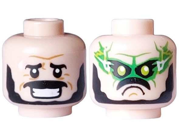 Minifigure, Head Dual Sided Black Eyebrows, Moustache and Beard, Medium Nougat Wrinkles, White Sweat Drop, Worried Open Mouth Smile with Teeth / Angry Frown, Lime Eyes, Bright Green Mask, Lightning Bolts Pattern