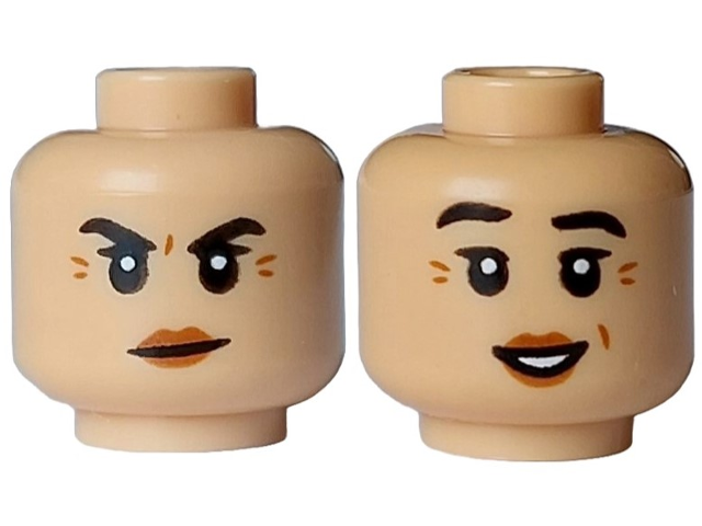 Minifigure, Head Dual Sided Female Black Eyebrows Raised, Dark Orange Wrinkles and Lips, Mouth Closed Angry / Open Smile with White Teeth Pattern