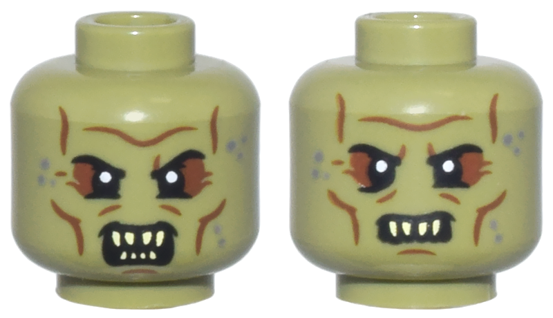 Minifigure, Head Dual Sided Alien Orc Reddish Brown Wrinkles, Dark Bluish Gray Spots, Pointed Top and Bottom Teeth / Top Teeth Pattern