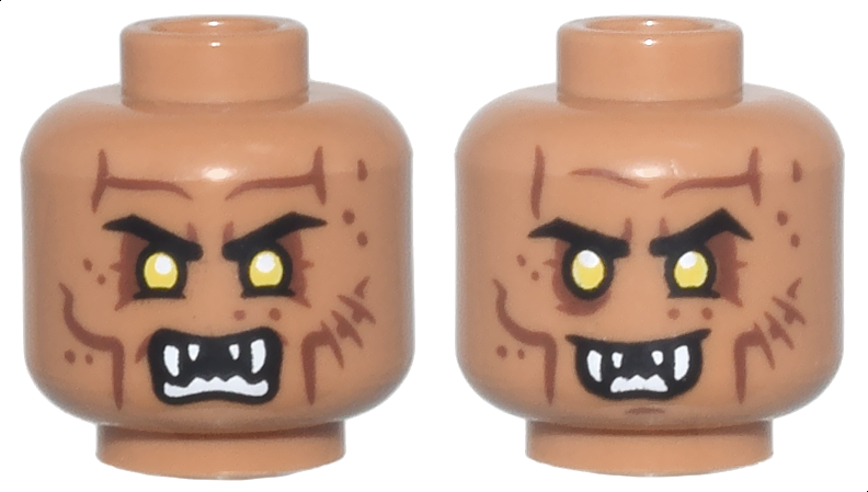 Minifigure, Head Dual Sided Alien Orc Yellow Eyes, Reddish Brown Wrinkles and Scars, Pointed White Teeth, Grimace / Grin Pattern