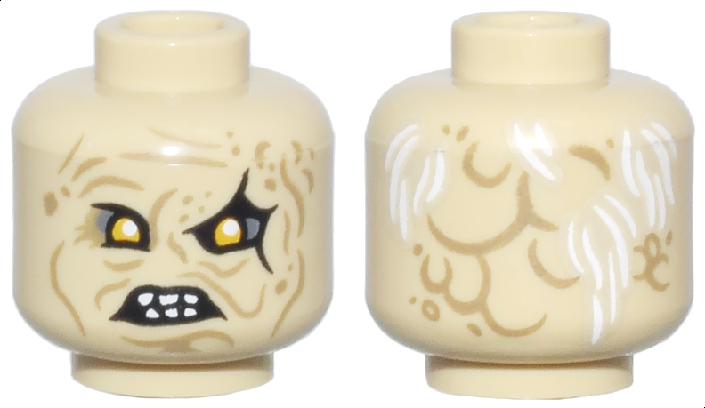 Minifigure, Head Alien Orc Bright Light Orange Eyes, Dark Tan Wrinkles and Scars, Angry Open Mouth with Teeth, White Thin Hair on Back Pattern