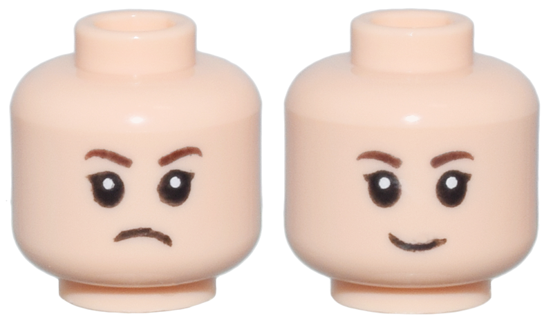Minifigure, Head Dual Sided Child Female Dark Brown Eyebrows, Eyelashes, Angry Frown / Grin Pattern
