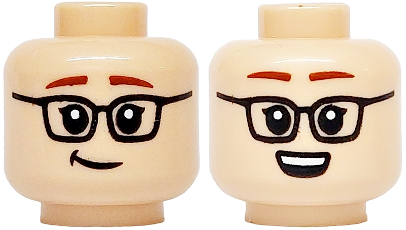 Minifigure, Head Dual Sided Black Glasses, Reddish Brown Eyebrows, Lopsided Smile / Open Mouth Grin with White Teeth Pattern
