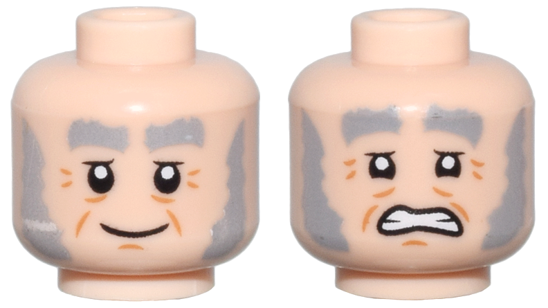 Minifigure, Head Dual Sided Light Bluish Gray Bushy Eyebrows and Sideburns, Medium Nougat Wrinkles, Grin / Open Mouth Grimace with Teeth Pattern