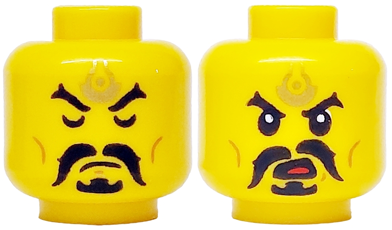 Minifigure, Head Dual Sided Black Eyebrows, Moustache and Goatee, Gold Forehead Tattoo, Medium Nougat Cheek Lines, Eyes Closed / Eyes and Mouth Open with Red Tongue Pattern