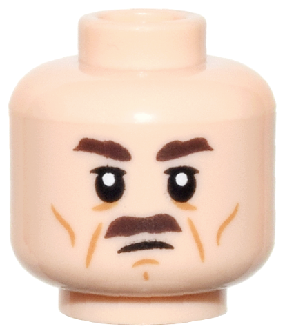Minifigure, Head Dark Brown Eyebrows and Moustache, Upper Eyelids, Medium Nougat Cheek Lines, Wrinkles, and Chin Dimple, Scowl Pattern