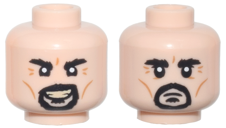 Minifigure, Head Dual Sided Black Bushy Eyebrows, Moustache, Soul Patch, and Goatee, Medium Nougat Cheek Lines and Wrinkles, Evil Open Mouth Smile with Tan Teeth / Frown Pattern