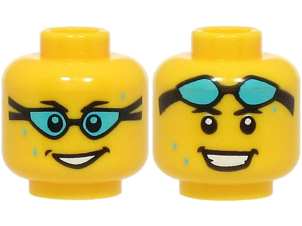 Minifigure, Head Dual Sided Black Eyebrows, Open Mouth Smile, Medium Azure Water Drops, Swim Goggles over Eyes / on Forehead Pattern (BAM)