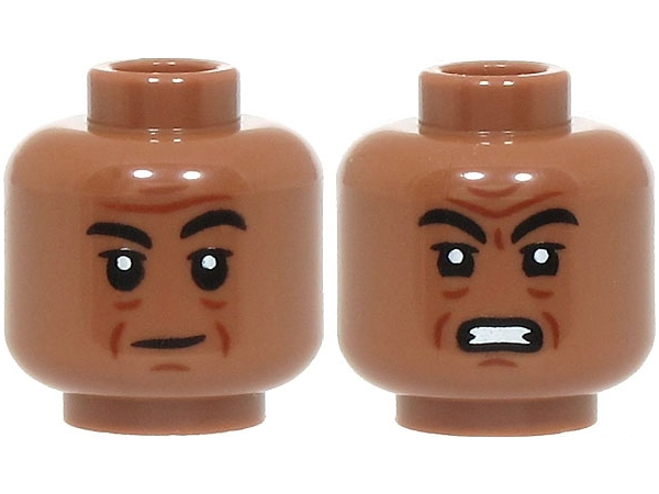 Minifigure, Head Dual Sided Black Eyebrows, Reddish Brown Wrinkles and Chin Dimple, Furrowed Brow, Neutral / Open Mouth Scowl Pattern