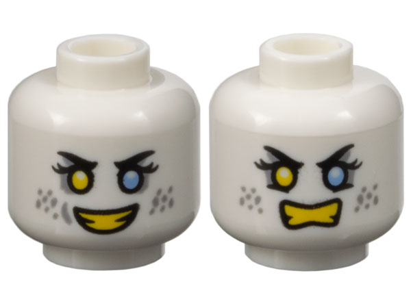 Minifigure, Head Dual Sided Female Black Eyebrows, Eyelashes, Yellow Right Eye, Bright Light Blue Left Eye, Light Bluish Gray Eye Shadow and Spots, Open Mouth Smile with Teeth / Angry Bared Teeth Pattern