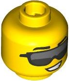 Minifigure, Head Black Eyebrows, Dark Bluish Gray and Dark Silver Sunglasses, Lopsided Open Mouth Smile with Teeth Pattern